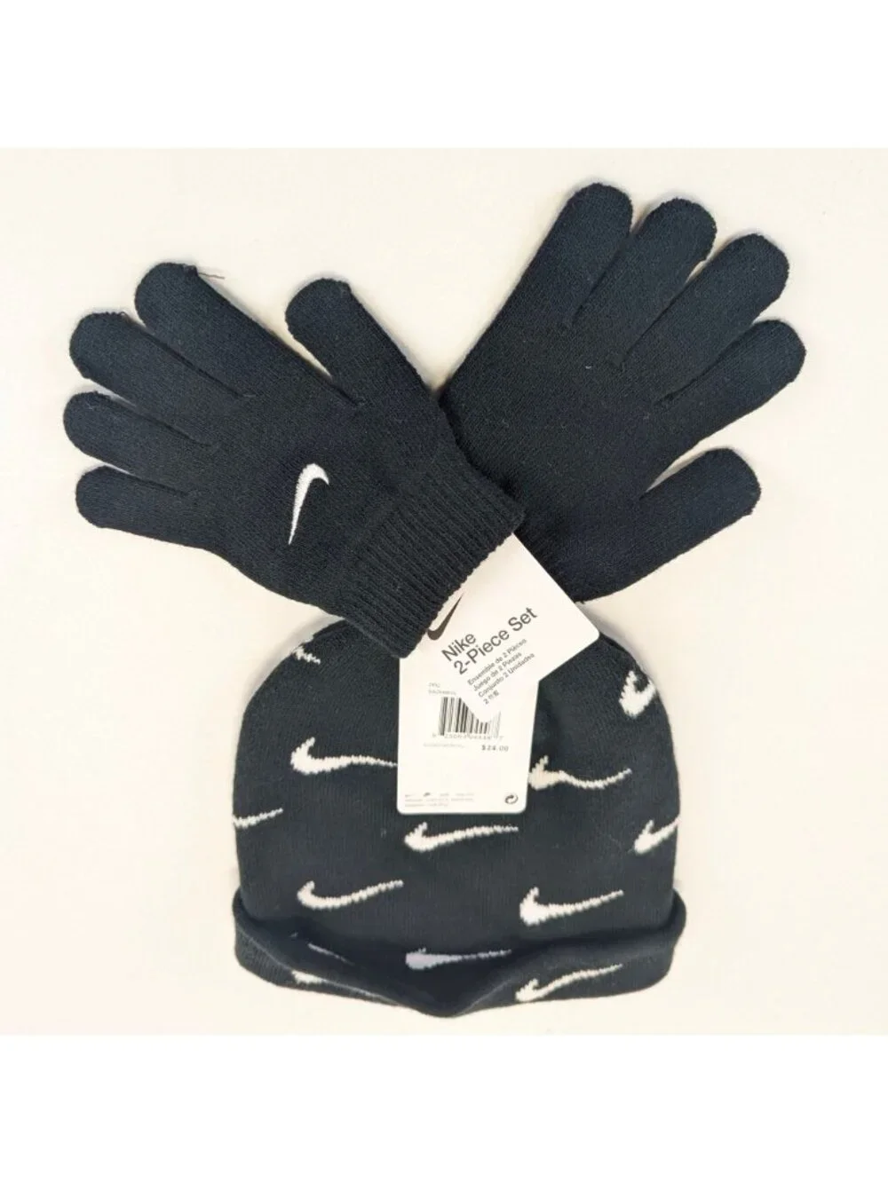 Nike Soft Stretch Folded Unisex Beanie Hat Gloves 2 Piece Kids 8 20 Black Swoosh